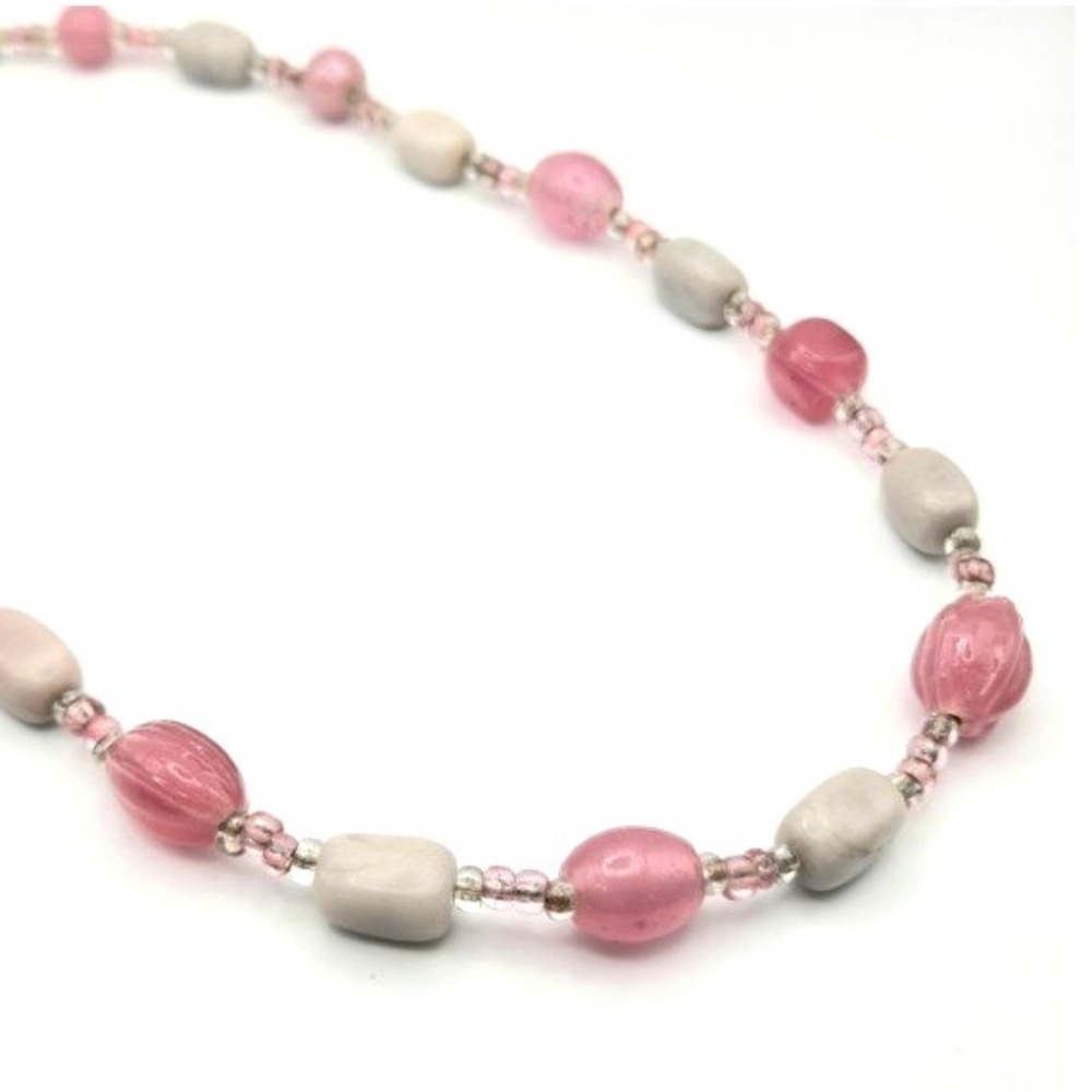 Handmade Pink Glass and Gray‎ Stone Beaded Necklace Statement Chunky Beads 20"